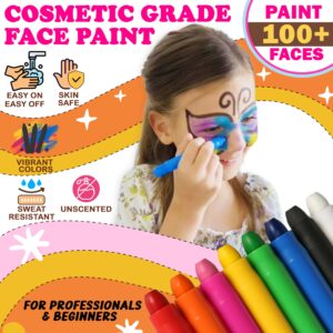 Jim&Gloria Face Paint Makeup Kit 8 Large Pens with Stencils Face Painting Tattoo Washable Body Markers Skin Safe Eyeblack Stick Baseball Sports Halloween Eye Black Football Games Gift Kids & Adults