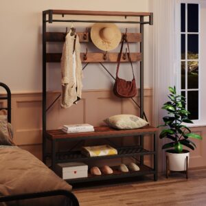 IDEALHOUSE Coat Rack Shoe Bench Industrial Hall Tree Storage Bench for Entryway, Wood Look Accent Large Shoe Rack Bench with Storage Shelf Hanging Bar,8 Hooks Rustic Brown 39.9"x15.7"x72"