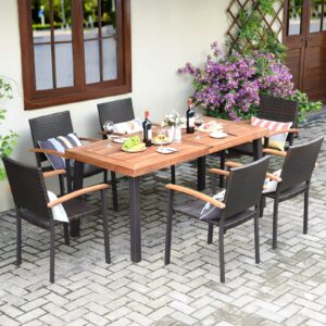 Tangkula 7-Piece Wicker Patio Dining Set, Patiojoy Outdoor Rattan Garden Yard Furniture Set, Acacia Wood Tabletop Dining Table with Umbrella Hole & 6 Stackable Rattan Chairs Set