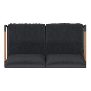 EMMA + OLIVER Black Aluminum Frame Loveseat with Teak Arm Accents and Charcoal Cushions