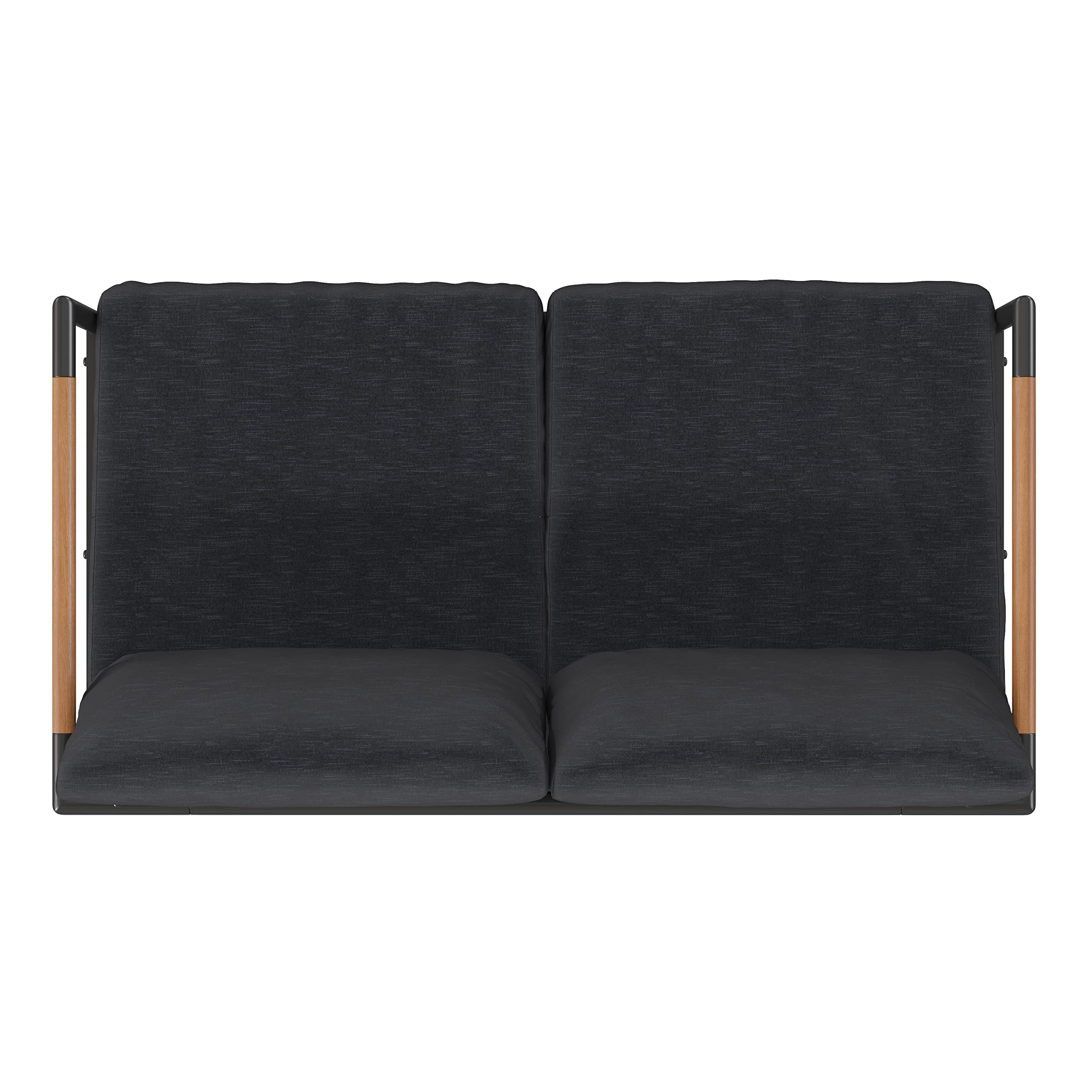 EMMA + OLIVER Black Aluminum Frame Loveseat with Teak Arm Accents and Charcoal Cushions