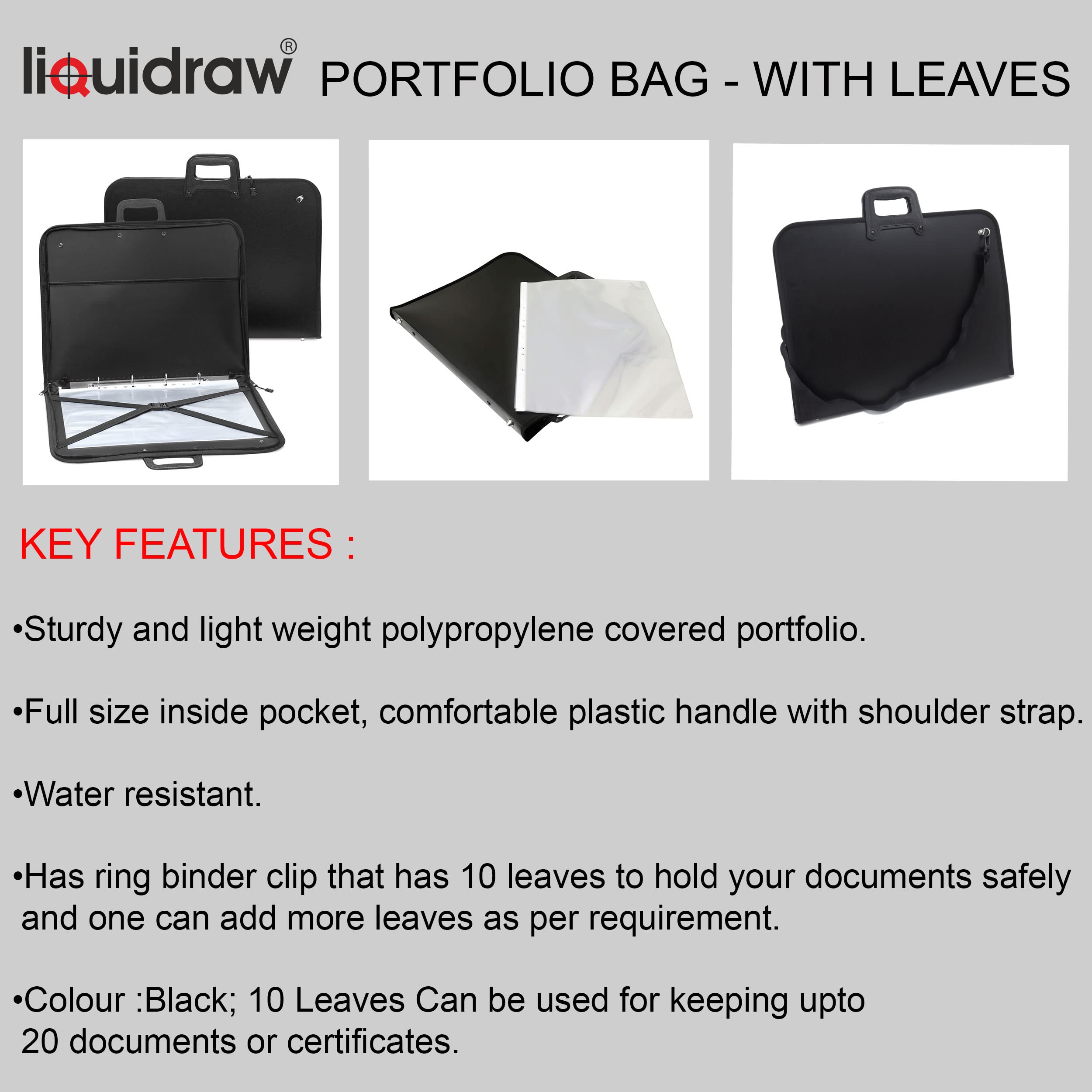 Liquidraw A3 Art Portfolio Case with 10 Sleeves Shoulder Strap Ring Binder Water Resistant Portfolio Bag