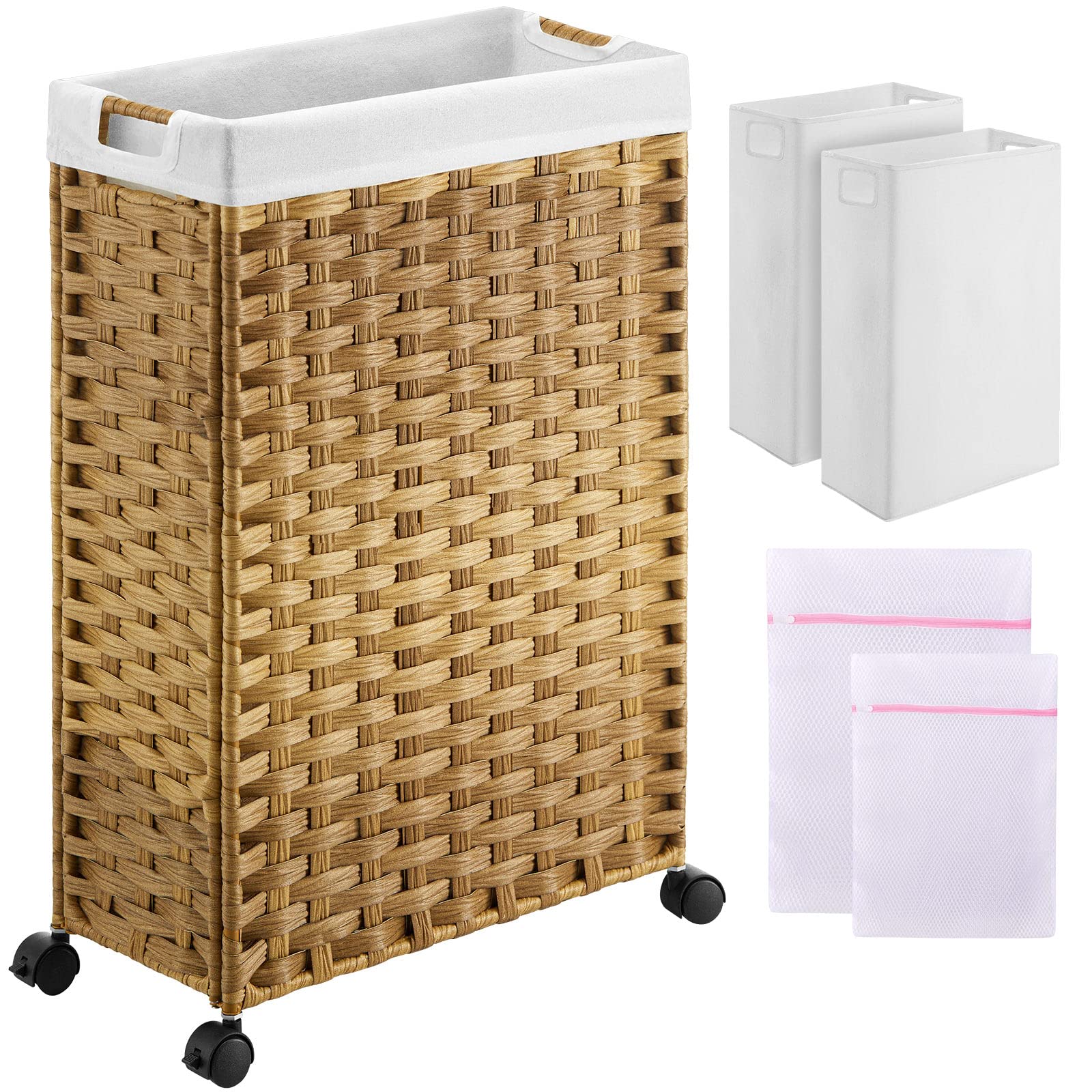 Greenstell Laundry Hamper with Wheels, 45L Slim Laundry Basket with 2 Removable Liner Bags & 2 Mesh Bags, Narrow Dirty Clothes Basket, Handwoven Rattan Organizer in Bathroom, Bedroom, Natural