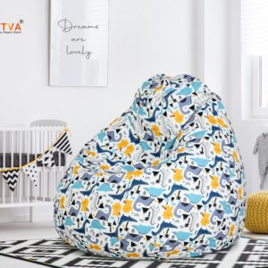 SATTVA Stuffed Animal Storage Bean Bag Chair for Kids, Zipper Storage Bean Bag for Organizing Stuffed Animals, Dinosaur Bean Bag Chair Cover, (No Beans)_White Dino Print