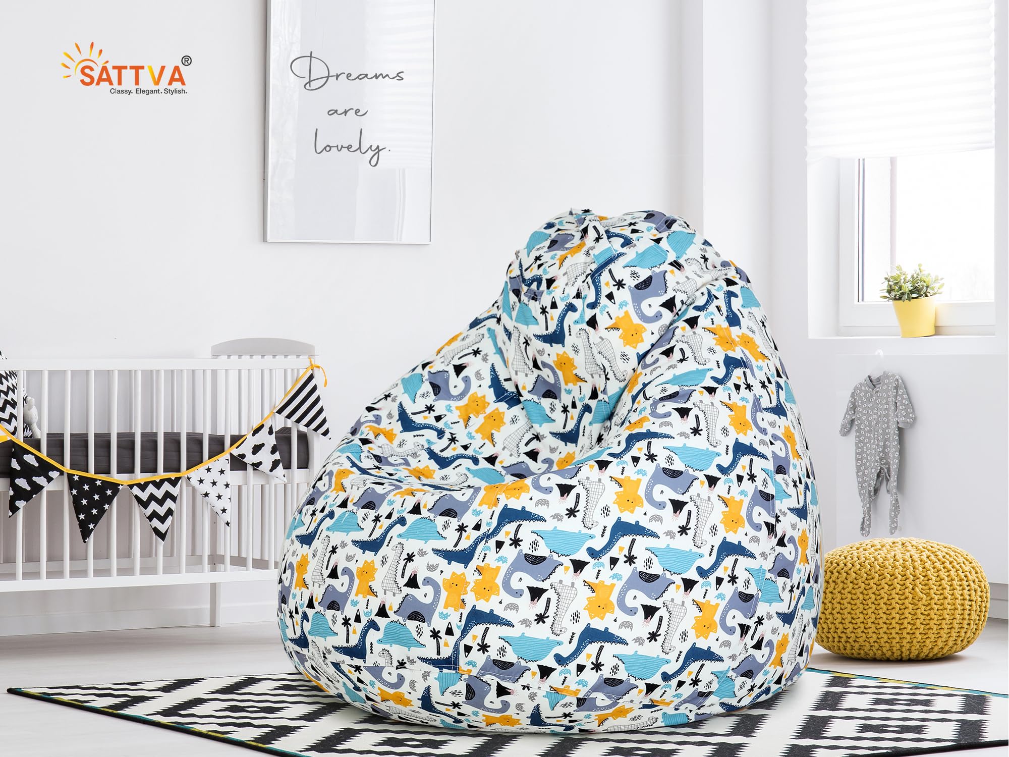 SATTVA Stuffed Animal Storage Bean Bag Chair for Kids, Zipper Storage Bean Bag for Organizing Stuffed Animals, Dinosaur Bean Bag Chair Cover, (No Beans)_White Dino Print