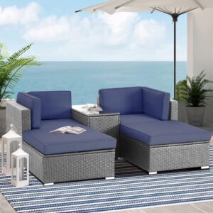 Patiomore 2 Pieces Outdoor Ottoman, All-Weather Grey Wicker Footstool Footrest Seat, Patio Rattan Sectional Furniture Set with Removable Cushions for Balcony, Backyard, Garden (Dark Blue)