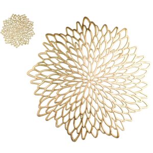 snowkingdom pairs of 18 gold metallic round placemats & coasters 36 pcs matching, bulk round pressed vinyl leaf dinning kitchen table mats decoration for christmas wedding thanksgiving party