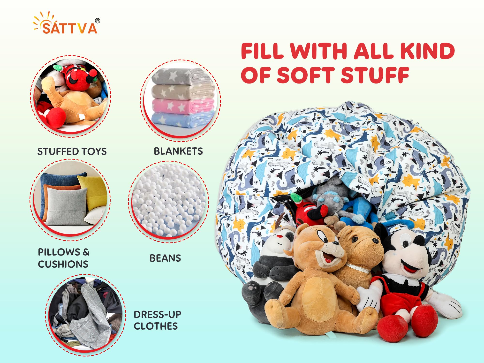 SATTVA Stuffed Animal Storage Bean Bag Chair for Kids, Zipper Storage Bean Bag for Organizing Stuffed Animals, Dinosaur Bean Bag Chair Cover, (No Beans)_White Dino Print