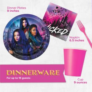 Disney Descendants Party Supplies Kit | Birthday Decorations | Serves 16 Guests | Table Cover, Plates, Cups, Napkins, Forks, Button | Descendants 2 and 3 Featuring Mal and Uma