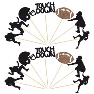 Gyufise 28Pcs Rugby Ball Cupcake Toppers Black Football Players Sport Cupcake Picks Football Cupcake Toppers Super Rugby Touch Down Sports Theme Baby Shower Birthday Party Cake Decorations Supplies