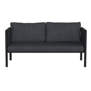 Flash Furniture Lea Indoor/Outdoor Loveseat with Cushions - Modern Steel Framed Chair with Storage Pockets, Black with Charcoal Cushions