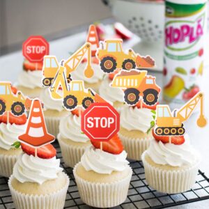 36 PCS Construction Cupcake Toppers Stop Sign Dump Truck Excavator Tractor Party Cake Food Picks Decorations for Construction Theme Baby Shower Kids Birthday Party Supplies