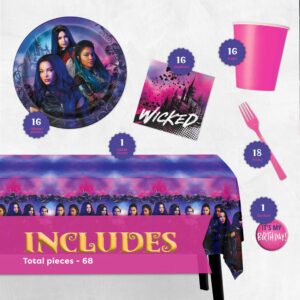 Disney Descendants Party Supplies Kit | Birthday Decorations | Serves 16 Guests | Table Cover, Plates, Cups, Napkins, Forks, Button | Descendants 2 and 3 Featuring Mal and Uma