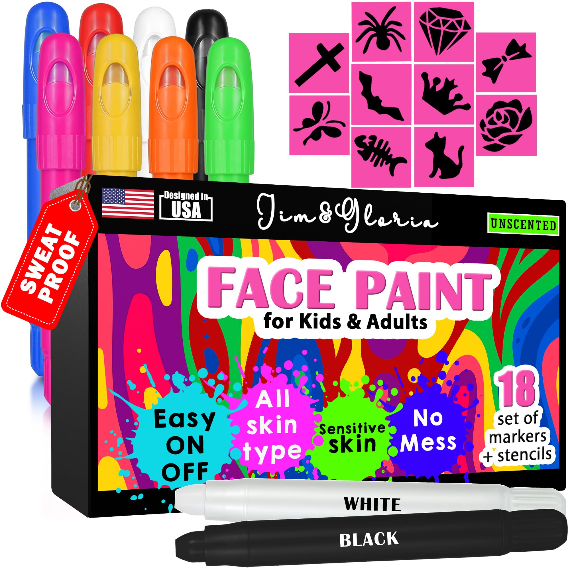 Jim&Gloria Face Paint Makeup Kit 8 Large Pens with Stencils Face Painting Tattoo Washable Body Markers Skin Safe Eyeblack Stick Baseball Sports Halloween Eye Black Football Games Gift Kids & Adults