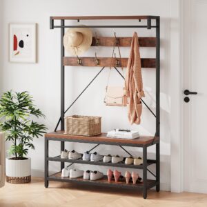 IDEALHOUSE Coat Rack Shoe Bench Industrial Hall Tree Storage Bench for Entryway, Wood Look Accent Large Shoe Rack Bench with Storage Shelf Hanging Bar,8 Hooks Rustic Brown 39.9"x15.7"x72"