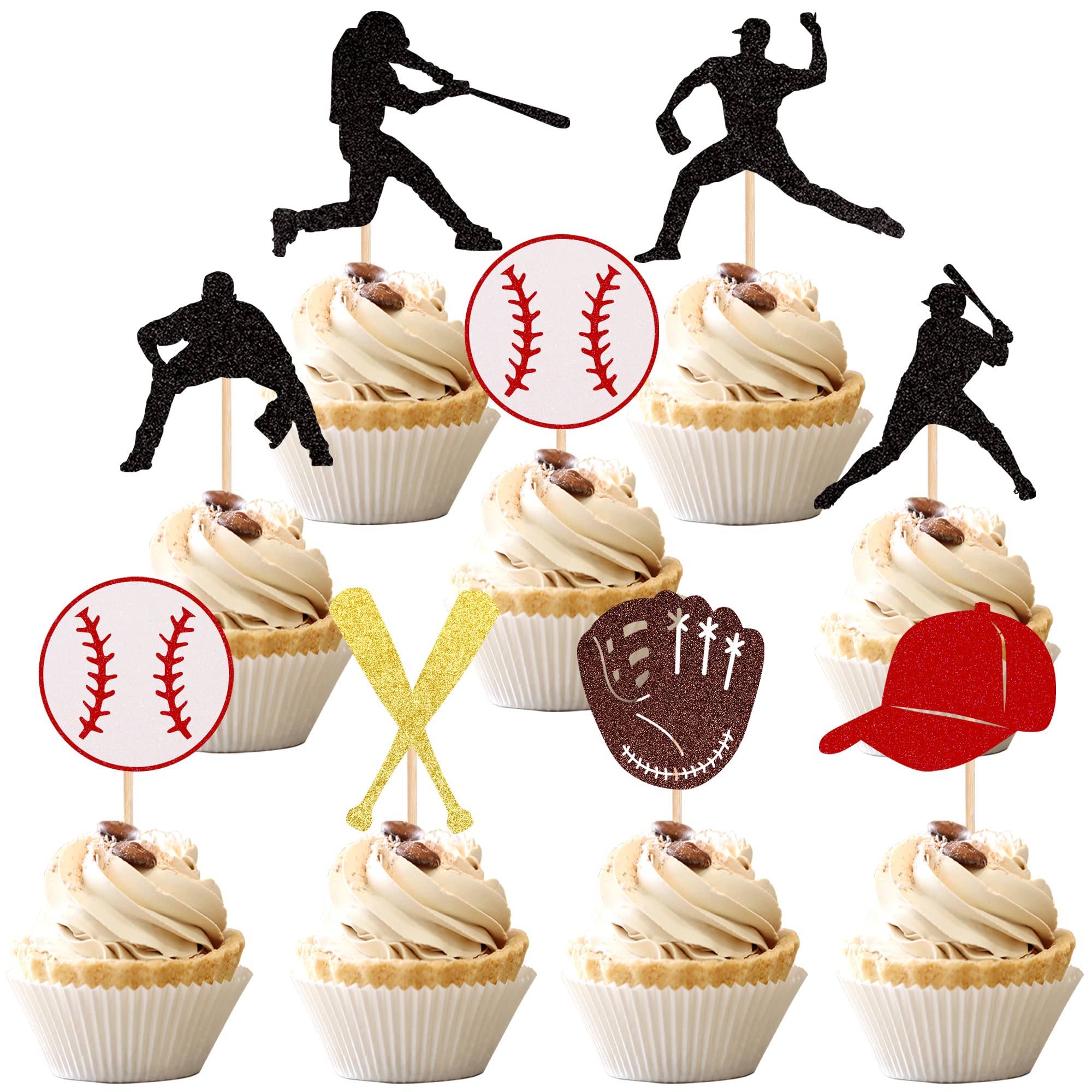 24 PCS Baseball Cupcake Toppers Glitter Baseball Players Sports Theme Cupcake Picks Baseball Sport Theme Baby Shower Kids Birthday Party Cake Decorations Supplies