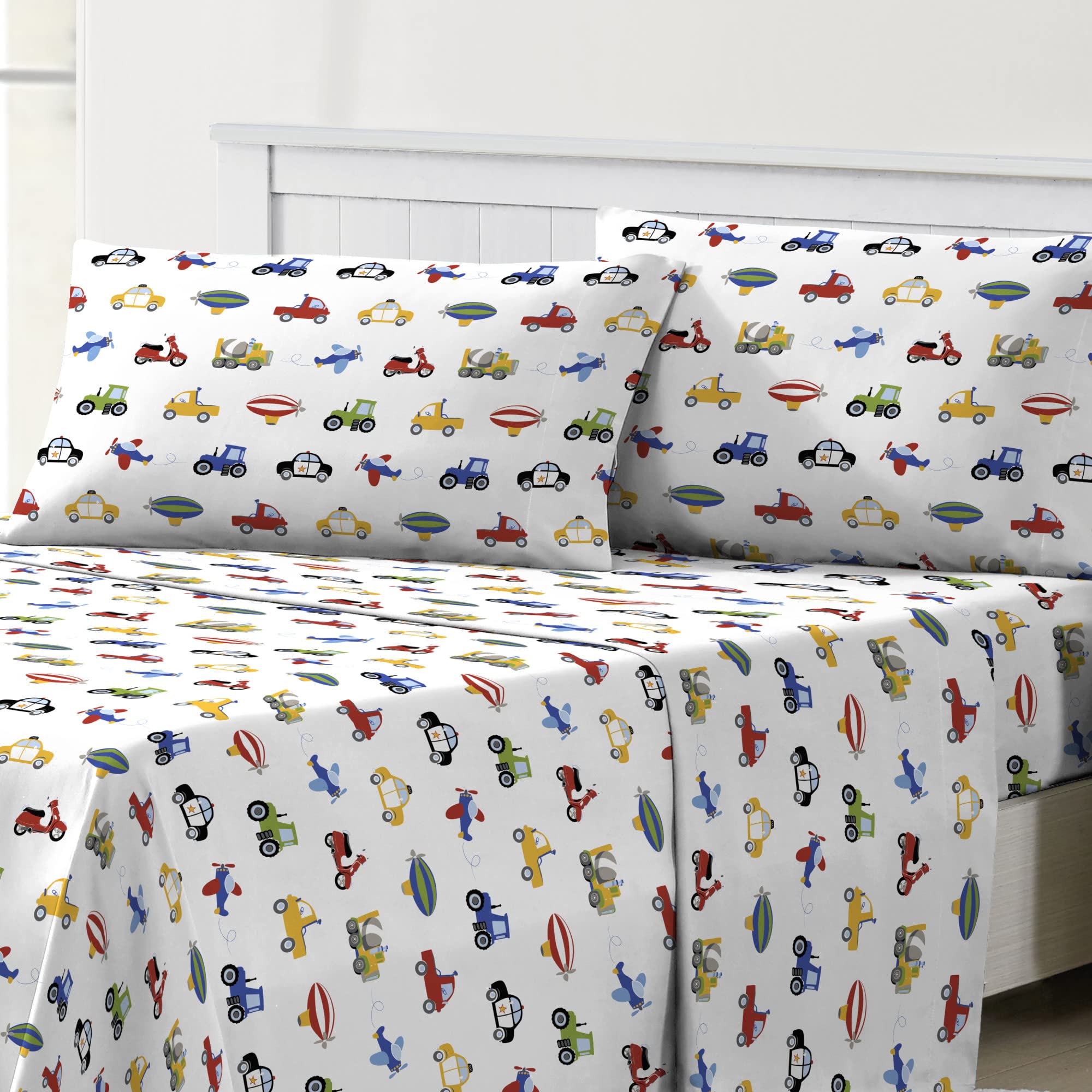 Dream Factory Kids Sheet Set Lightweight Microfiber Bed Sheets Super Soft Easy Wash Cozy Bedding 10” Pocket - Twin, Blue Trucks Tractors Cars