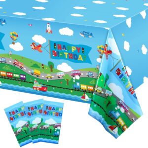 tegeme 3 pack transportation birthday party supplies transportation table covers cars tablecloth vehicle transportation birthday decorations for kids birthday baby shower party, 54 x 108 inch