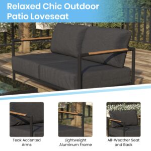 EMMA + OLIVER Black Aluminum Frame Loveseat with Teak Arm Accents and Charcoal Cushions