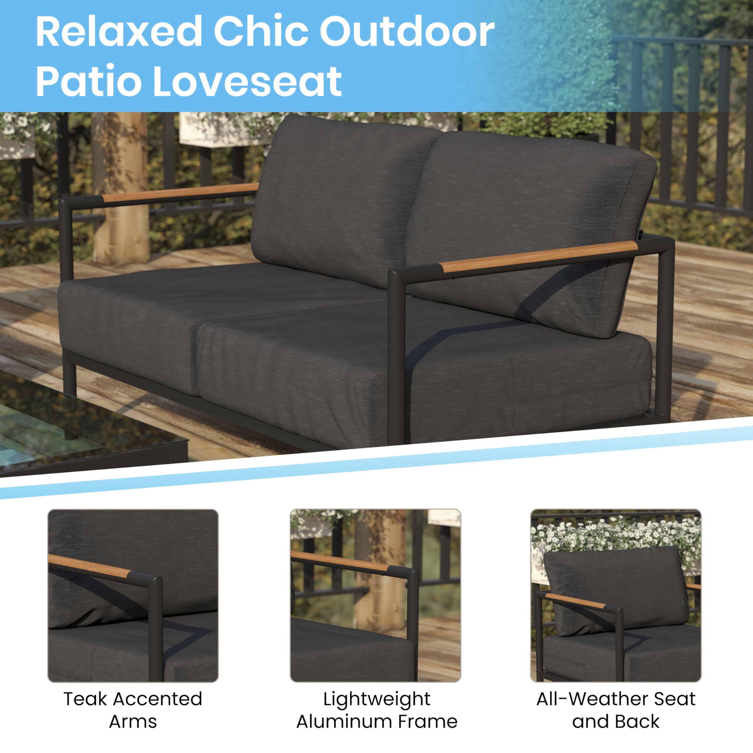 EMMA + OLIVER Black Aluminum Frame Loveseat with Teak Arm Accents and Charcoal Cushions