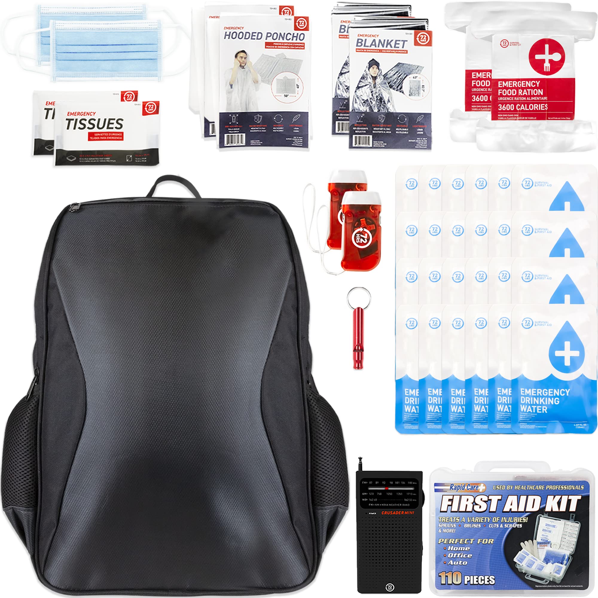 72 HRS Essential Emergency Survival Kit - Heavy Duty 72 Hour Bug Out Bag Survival Kit for Earthquake, Hurricane, Tsunami, Winter, Blackout - Include Emergency First Aid Kit, Water, Food (Black 2P)