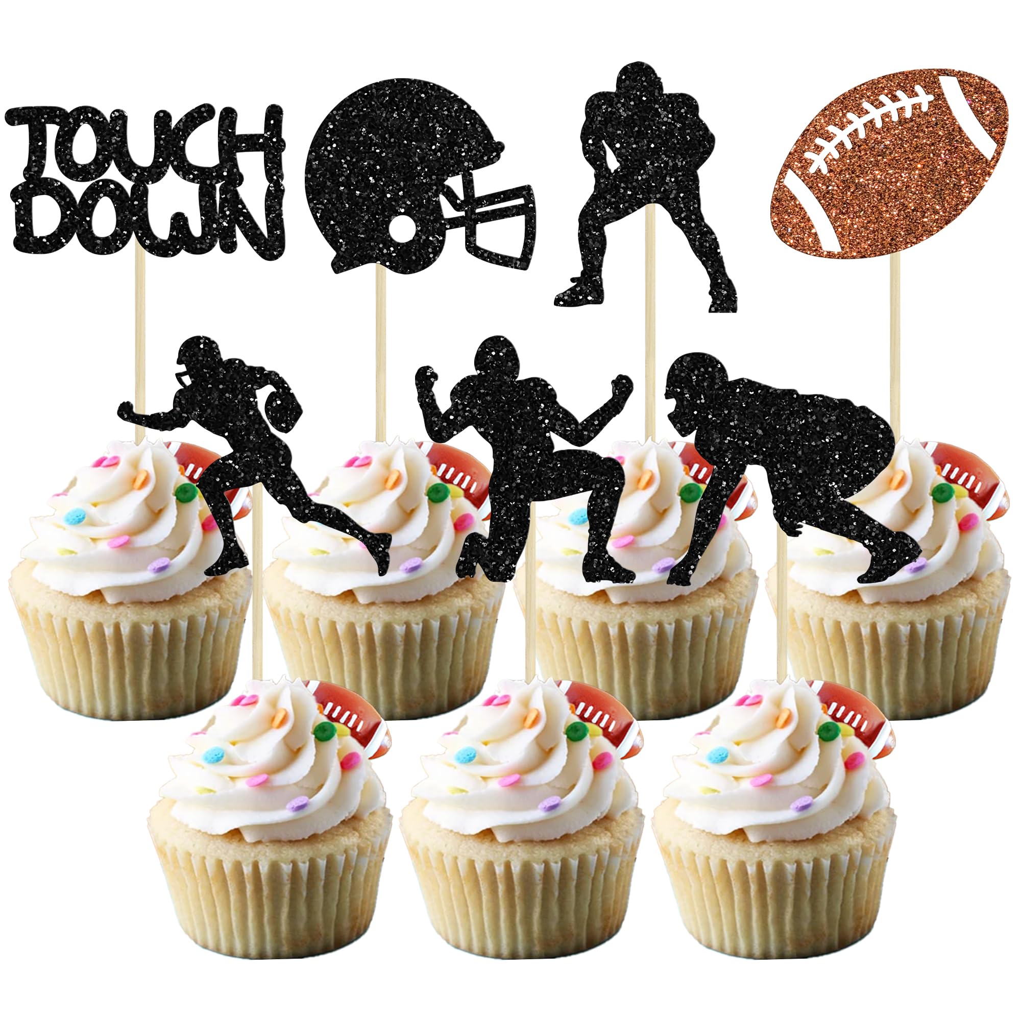 Gyufise 28Pcs Rugby Ball Cupcake Toppers Black Football Players Sport Cupcake Picks Football Cupcake Toppers Super Rugby Touch Down Sports Theme Baby Shower Birthday Party Cake Decorations Supplies