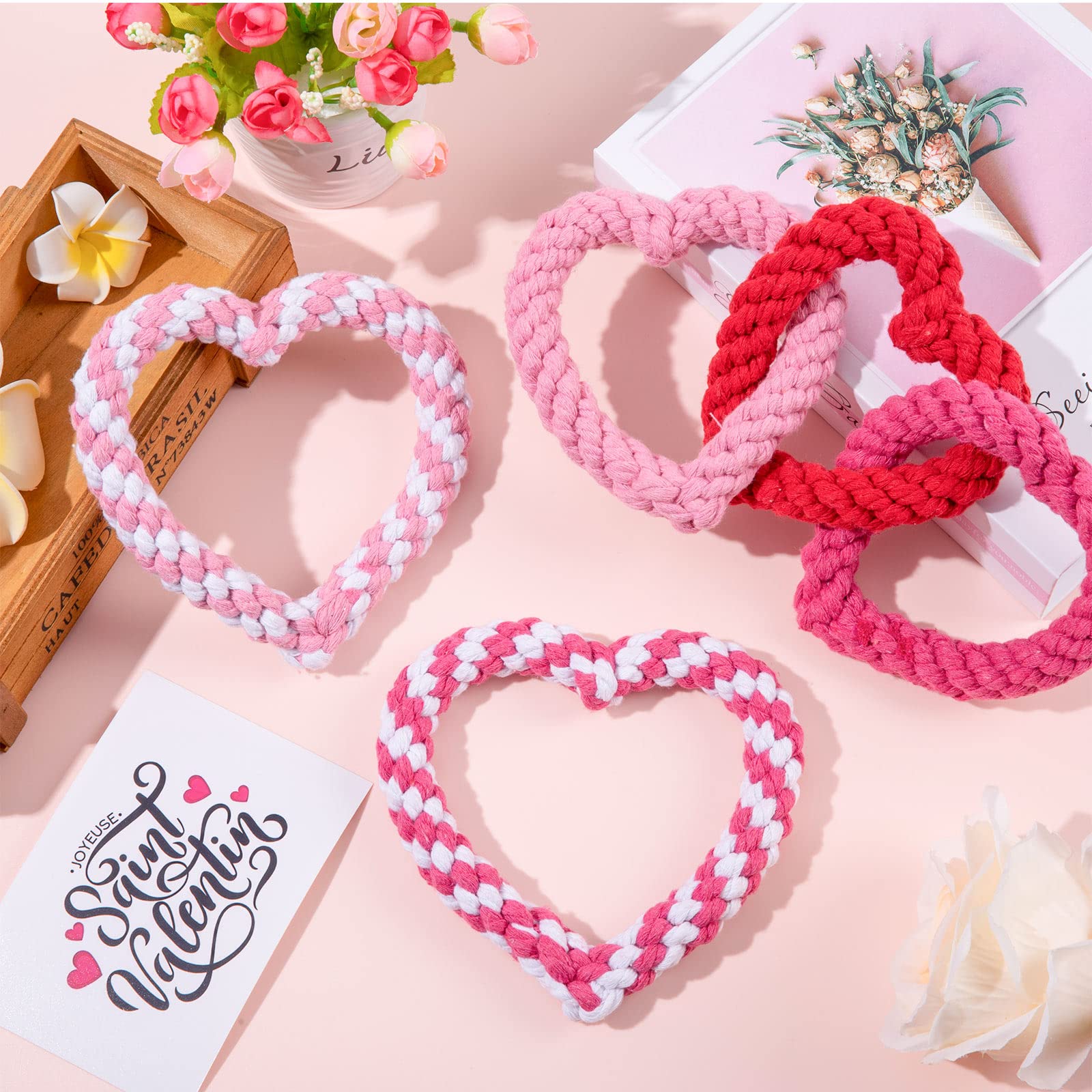 Whaline 3 Pieces Valentine's Day Dog Chew Toys Heart Shaped Dog Rope Red Pink Heart Pet Chew Rope Valentine's Day Puppy Throwing Toy for Small Medium Dog Pet Teaching Teeth Cleaning Chewing Supplies