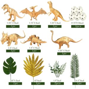 16 PCS Metallic Gold Dinosaur Cake Decorations Dino Theme Cake Topper with Artificial Palm Leaves Dinosaur Eggs for Kids Boys Girls Baby Shower Birthday Party Supplies