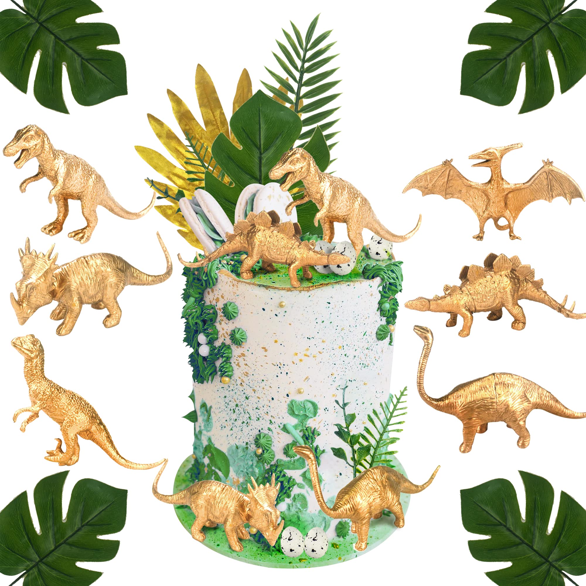 16 PCS Metallic Gold Dinosaur Cake Decorations Dino Theme Cake Topper with Artificial Palm Leaves Dinosaur Eggs for Kids Boys Girls Baby Shower Birthday Party Supplies