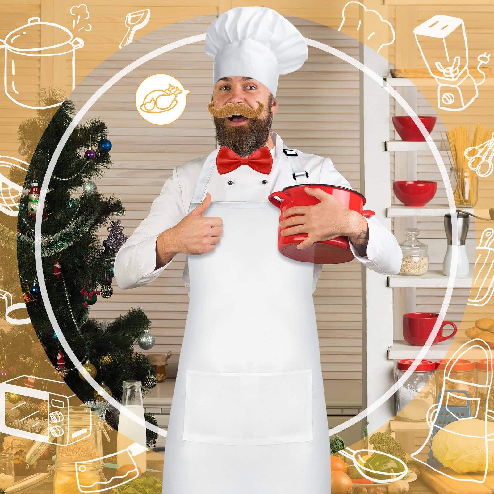 SATINIOR 4 Pcs Halloween Chef Costume Chef Apron Hat Set for Men Chef Hat White Apron Baker Costume Red Bow Tie Fake Beard Moustache for Halloween Cosplay Party