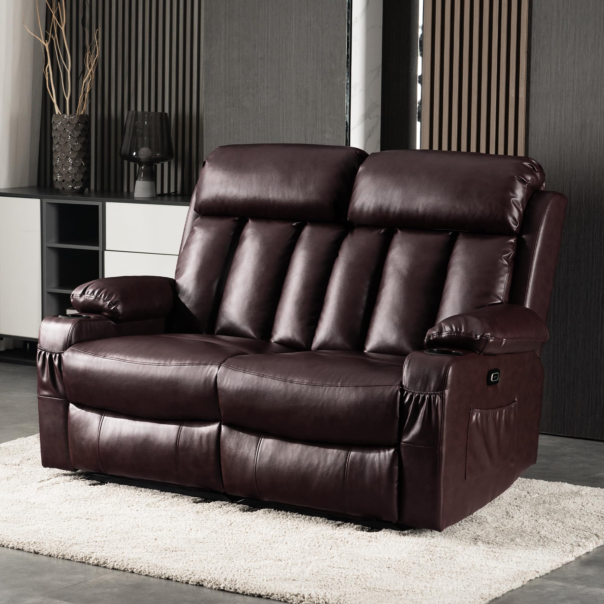 MCombo Power Loveseat Recliner, Electric Reclining Loveseat Sofa with Heat and Vibration, Cup Holders, USB Charge Port for Living Room 6075 Faux Leather (Loveseat Recliner, Dark Brown)