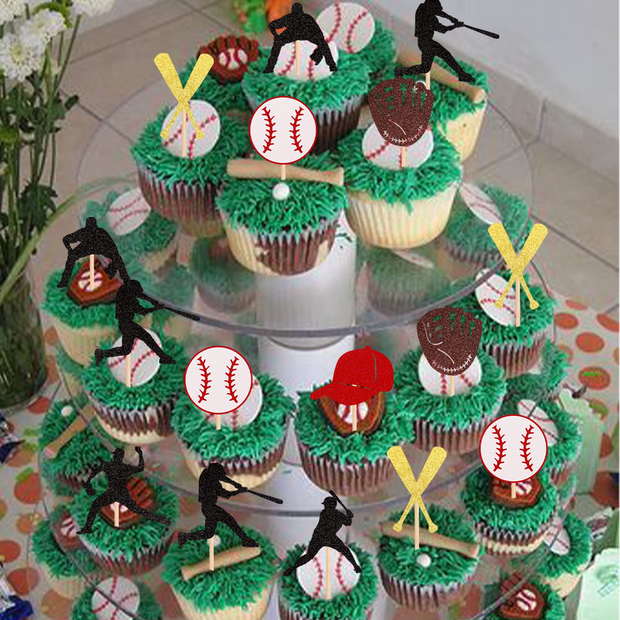 24 PCS Baseball Cupcake Toppers Glitter Baseball Players Sports Theme Cupcake Picks Baseball Sport Theme Baby Shower Kids Birthday Party Cake Decorations Supplies