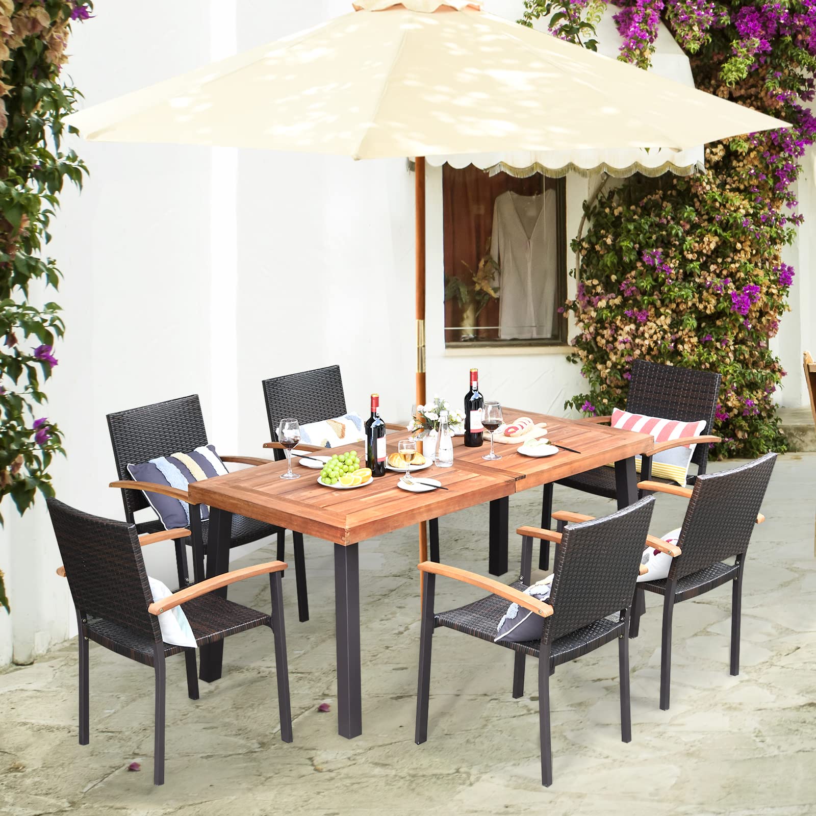 Tangkula 7-Piece Wicker Patio Dining Set, Patiojoy Outdoor Rattan Garden Yard Furniture Set, Acacia Wood Tabletop Dining Table with Umbrella Hole & 6 Stackable Rattan Chairs Set