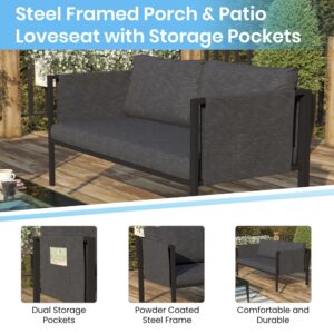 Flash Furniture Lea Indoor/Outdoor Loveseat with Cushions - Modern Steel Framed Chair with Storage Pockets, Black with Charcoal Cushions