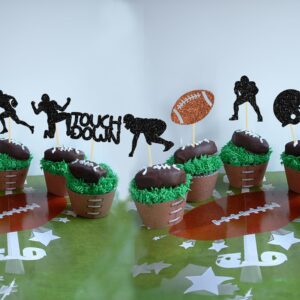 Gyufise 28Pcs Rugby Ball Cupcake Toppers Black Football Players Sport Cupcake Picks Football Cupcake Toppers Super Rugby Touch Down Sports Theme Baby Shower Birthday Party Cake Decorations Supplies