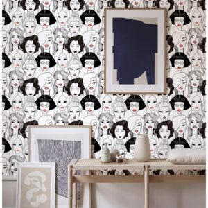 HAOKHOME Modern Peel and Stick Wallpaper Cool Ladies Black/White/Red Lips Removable Vinyl Self Adhesive Contactpaper 17.7in x 9.8ft