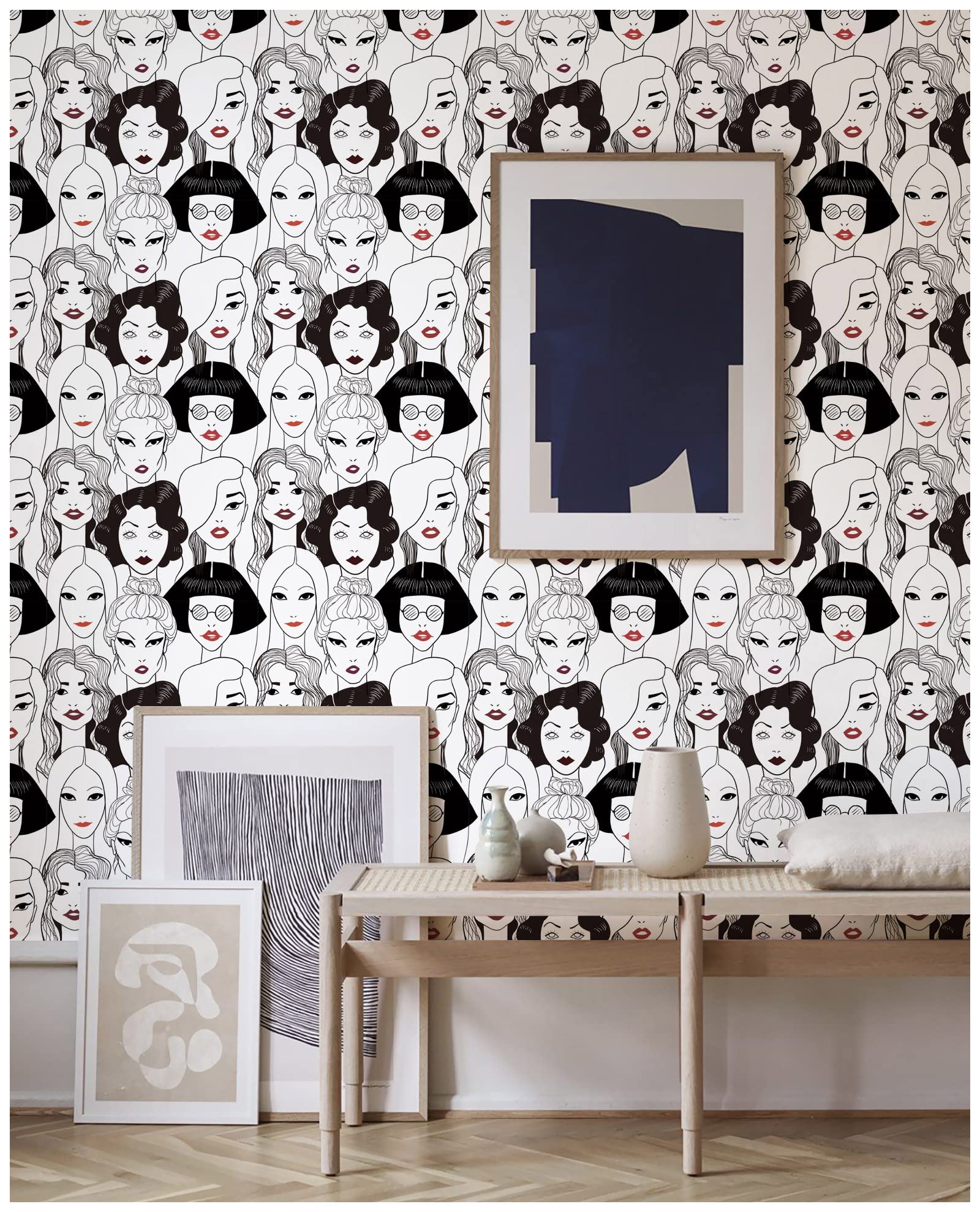 HAOKHOME Modern Peel and Stick Wallpaper Cool Ladies Black/White/Red Lips Removable Vinyl Self Adhesive Contactpaper 17.7in x 9.8ft