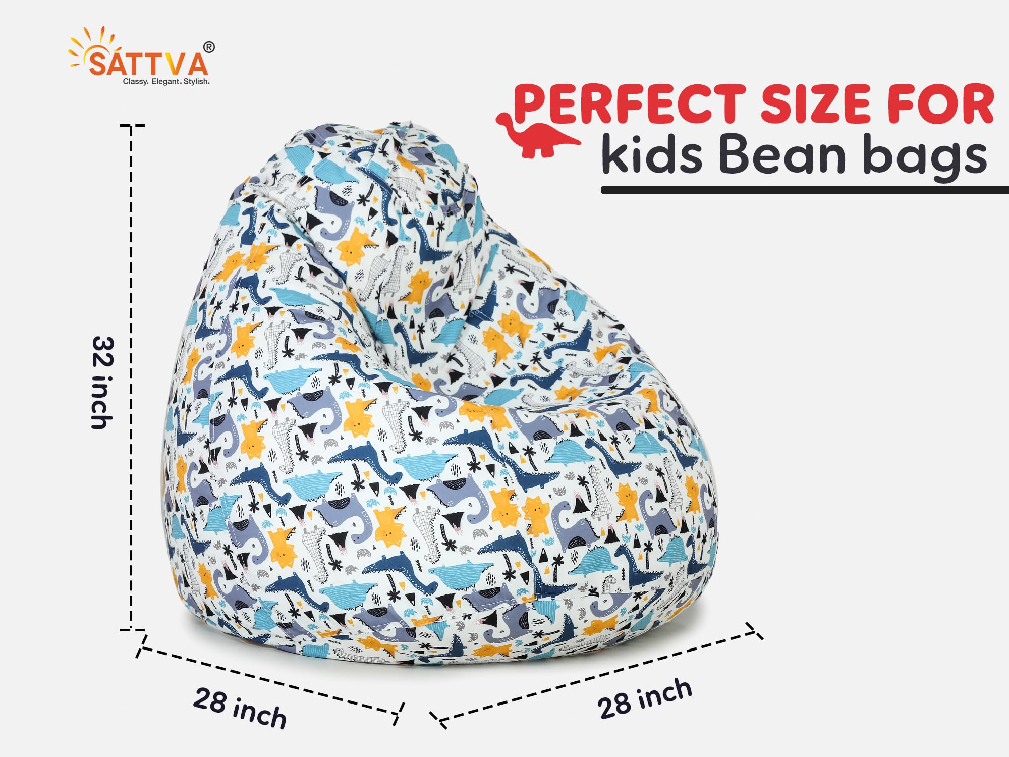 SATTVA Stuffed Animal Storage Bean Bag Chair for Kids, Zipper Storage Bean Bag for Organizing Stuffed Animals, Dinosaur Bean Bag Chair Cover, (No Beans)_White Dino Print