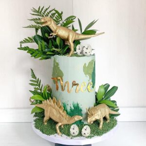 16 PCS Metallic Gold Dinosaur Cake Decorations Dino Theme Cake Topper with Artificial Palm Leaves Dinosaur Eggs for Kids Boys Girls Baby Shower Birthday Party Supplies