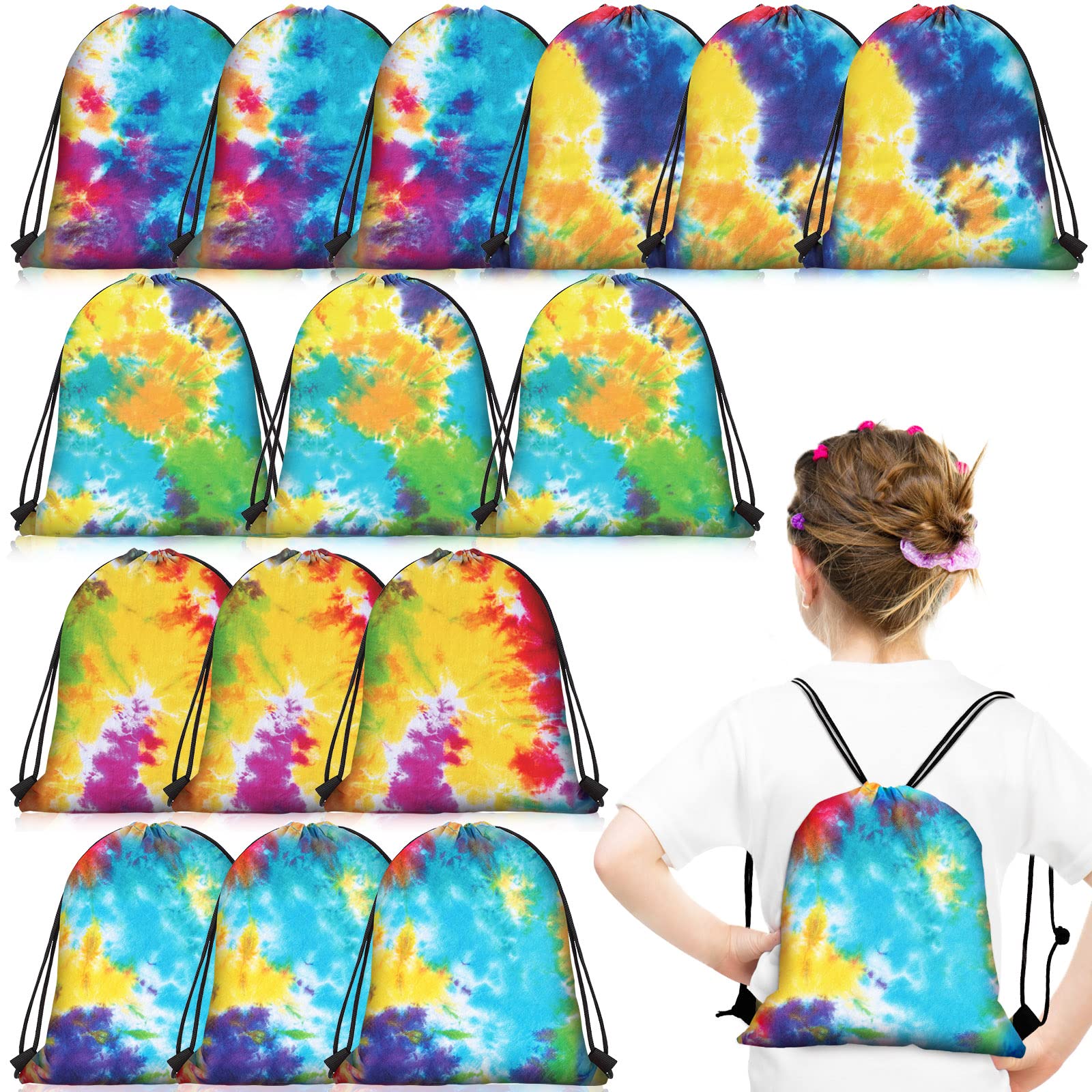 Shappy 24 Pcs Tie Dye Party Favor Bags 11.8 Inch Tie Dye Drawstring Backpack Tie Dye Goodie Gift Bags Birthday Party Supplies