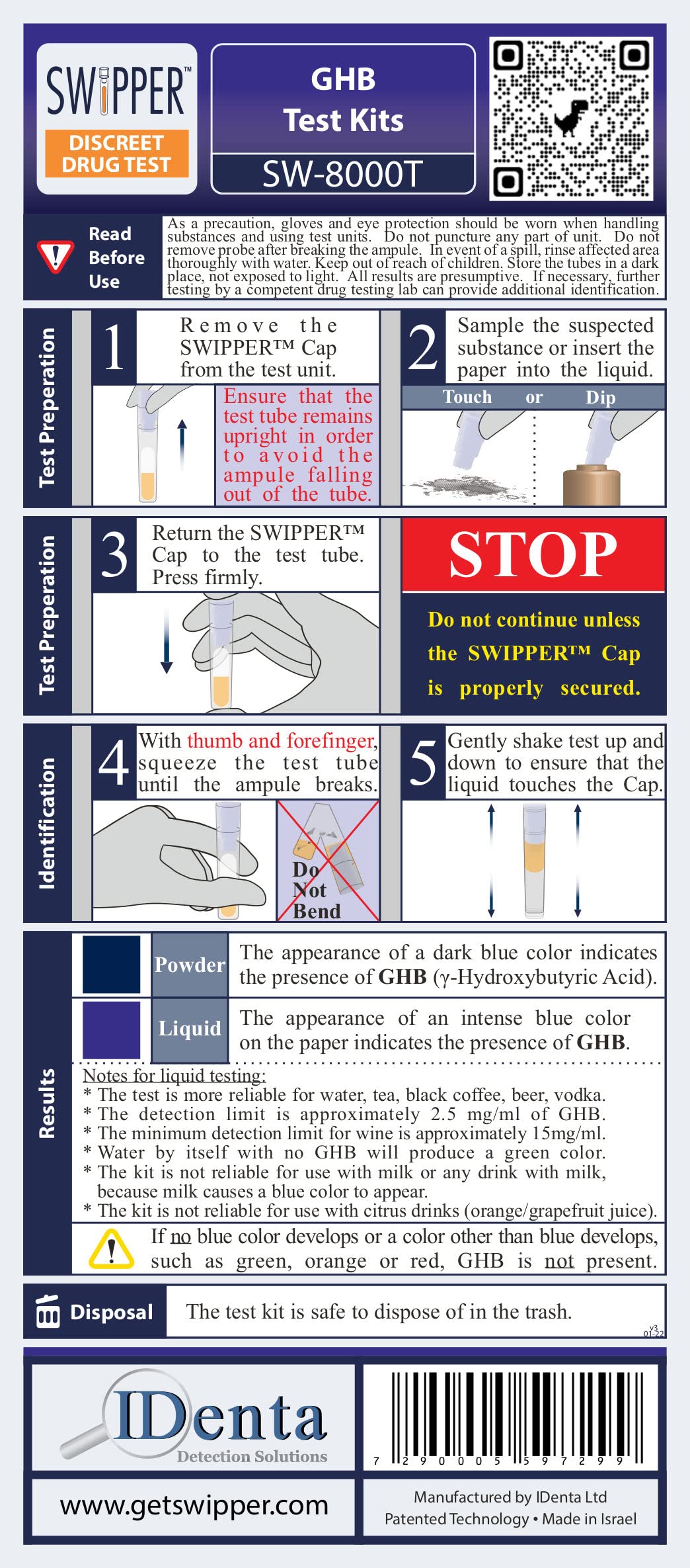 Swipper Date Rape Drug (GHB) Identification Kit with Instant Results - Easy to Use, Safe, Test Drink in Bar, Home Drugs Test Kit (10-Pack)