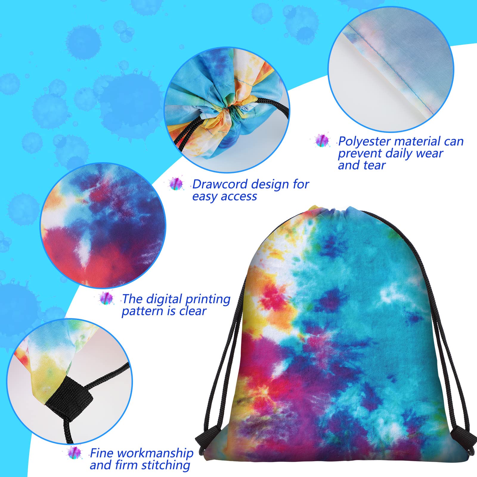 Shappy 24 Pcs Tie Dye Party Favor Bags 11.8 Inch Tie Dye Drawstring Backpack Tie Dye Goodie Gift Bags Birthday Party Supplies