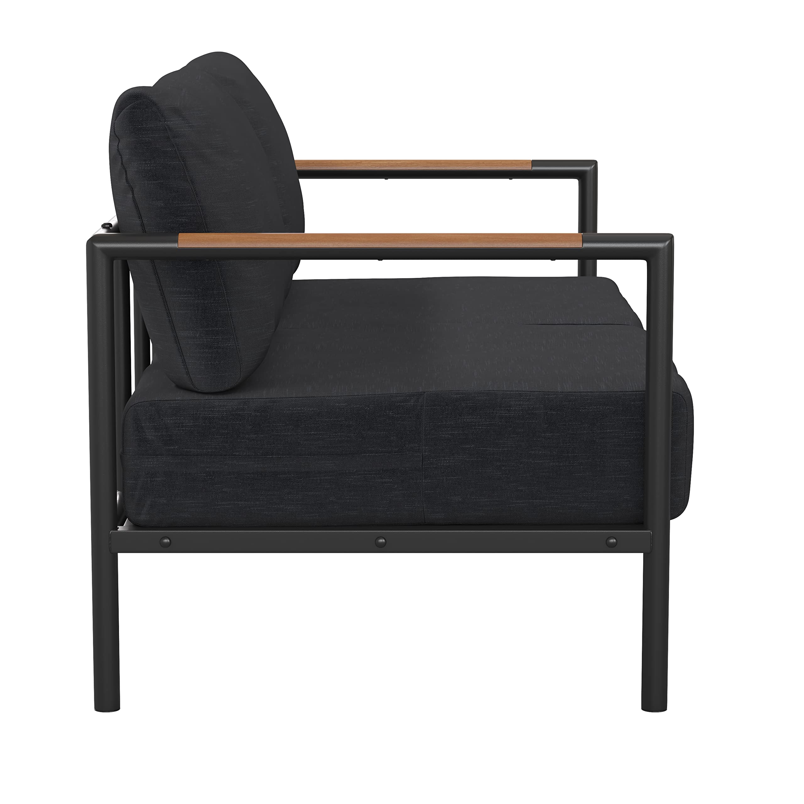 EMMA + OLIVER Black Aluminum Frame Loveseat with Teak Arm Accents and Charcoal Cushions