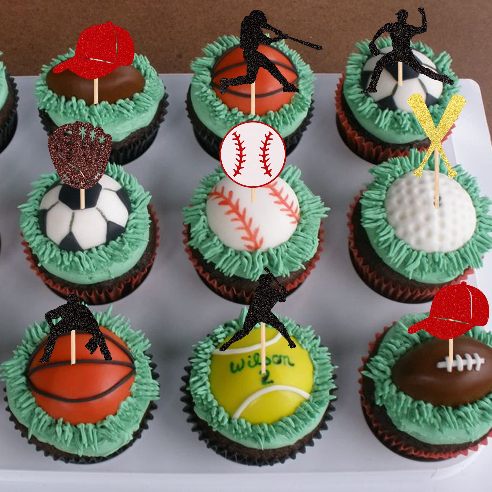 24 PCS Baseball Cupcake Toppers Glitter Baseball Players Sports Theme Cupcake Picks Baseball Sport Theme Baby Shower Kids Birthday Party Cake Decorations Supplies