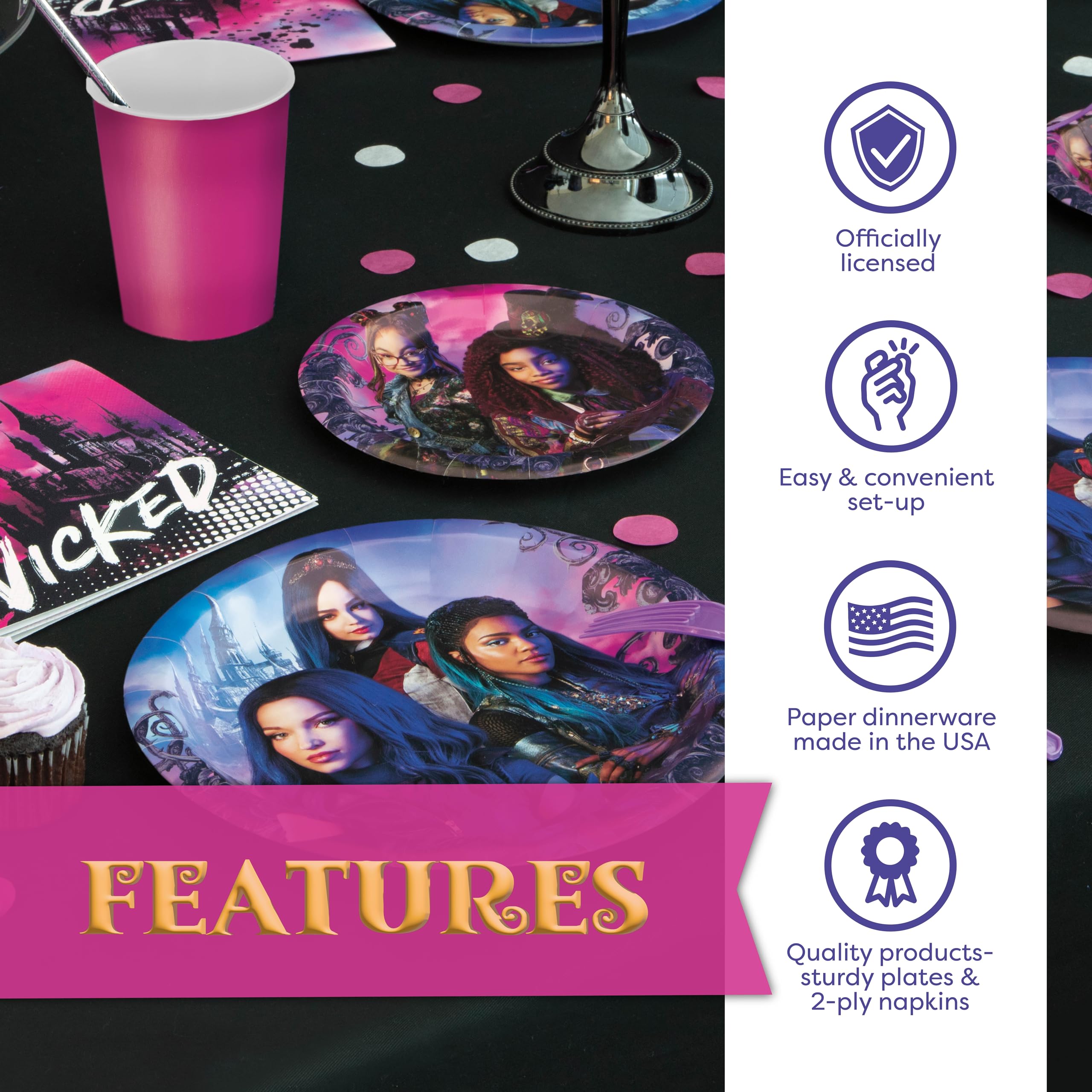 Disney Descendants Party Supplies Kit | Birthday Decorations | Serves 16 Guests | Table Cover, Plates, Cups, Napkins, Forks, Button | Descendants 2 and 3 Featuring Mal and Uma