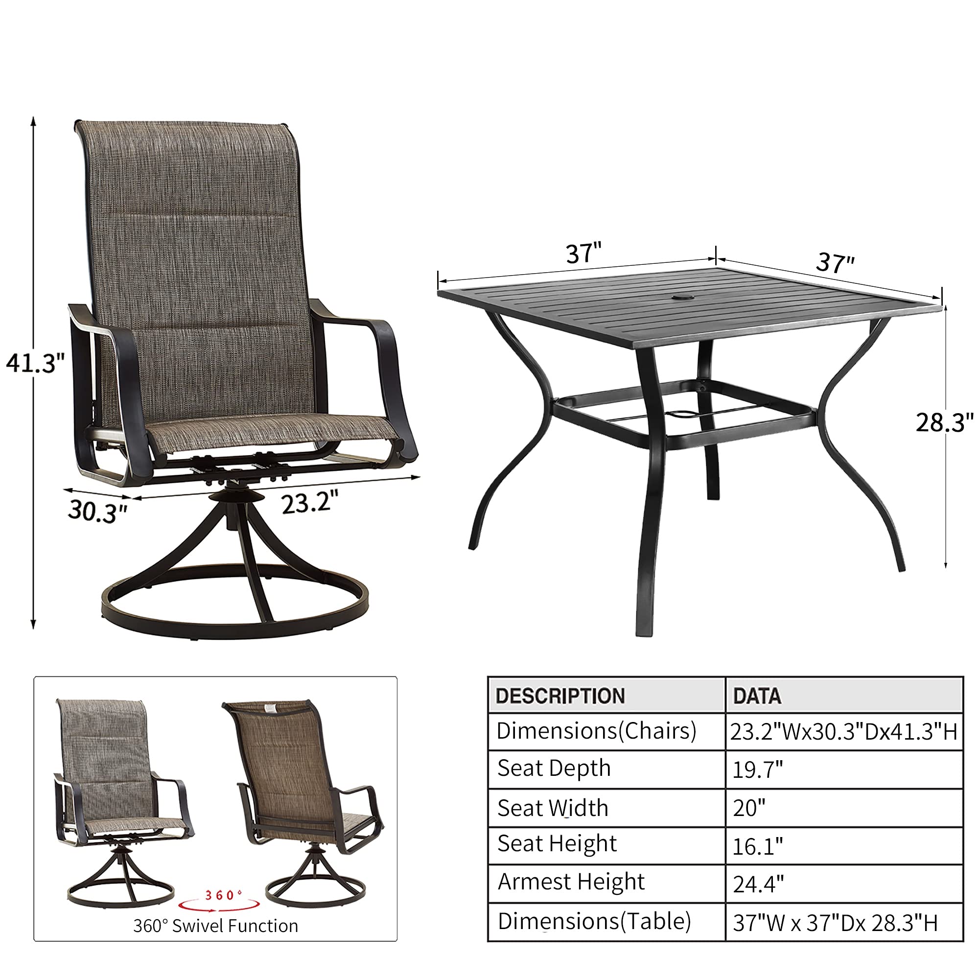 PatioFestival Patio Dining Set 5 Pieces Metal Outdoor Furniture Sets Outside Square Table Swivel Rocker Chairs with All Weather Frame (Grey)