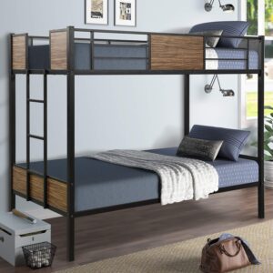 twin over twin metal bunk bed, modern style heavy-duty steel frame bunk bed with safety rail, built-in ladder for bedroom, dorm, boys, girls, adults (black + brown)