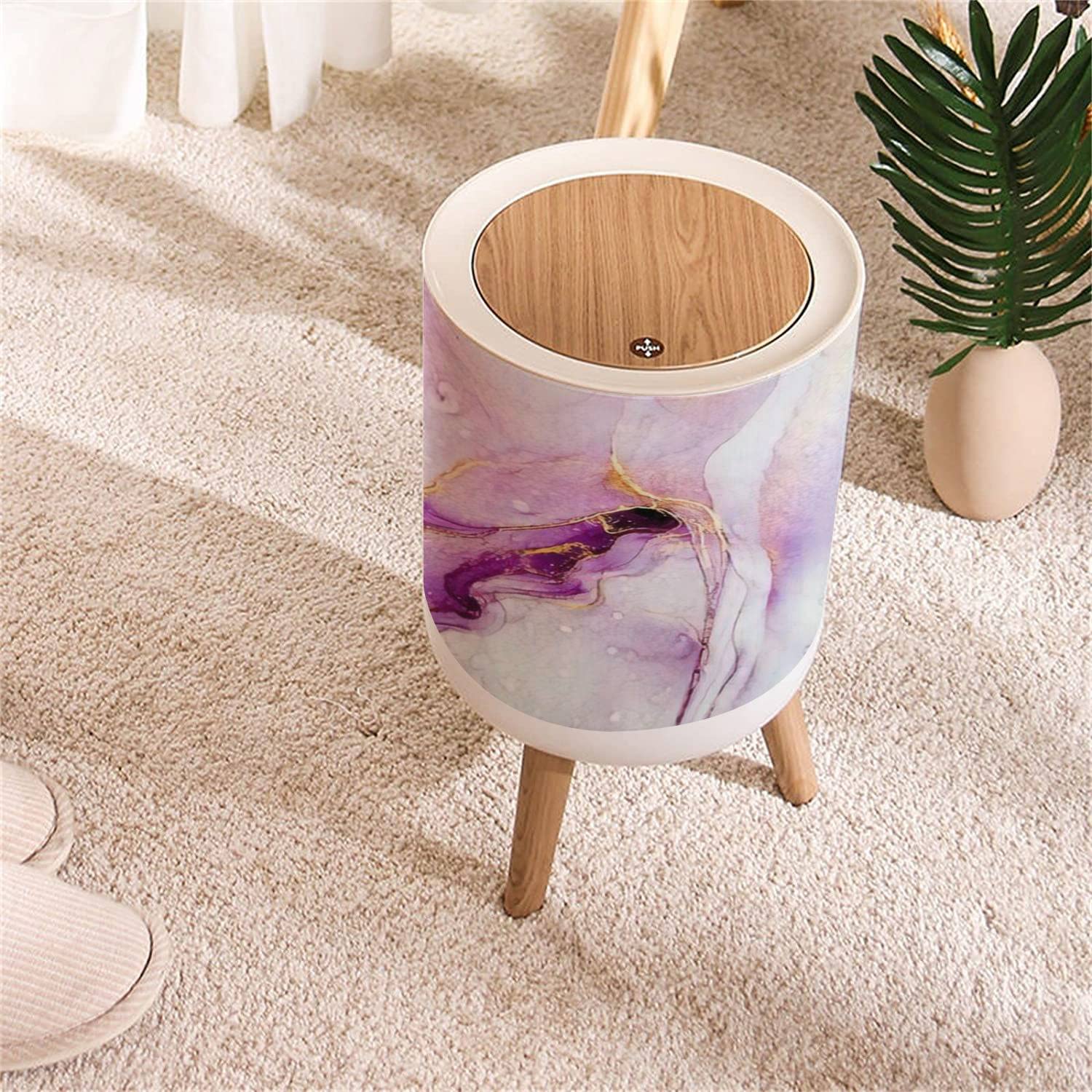 Small Trash Can with Lid Pink Purple Waves With Gold Backdrop Marble Ink Arwork Alcohol Ink Round Recycle Bin Press Top Dog Proof Wastebasket for Kitchen Bathroom Bedroom Office 7L/1.8 Gallon