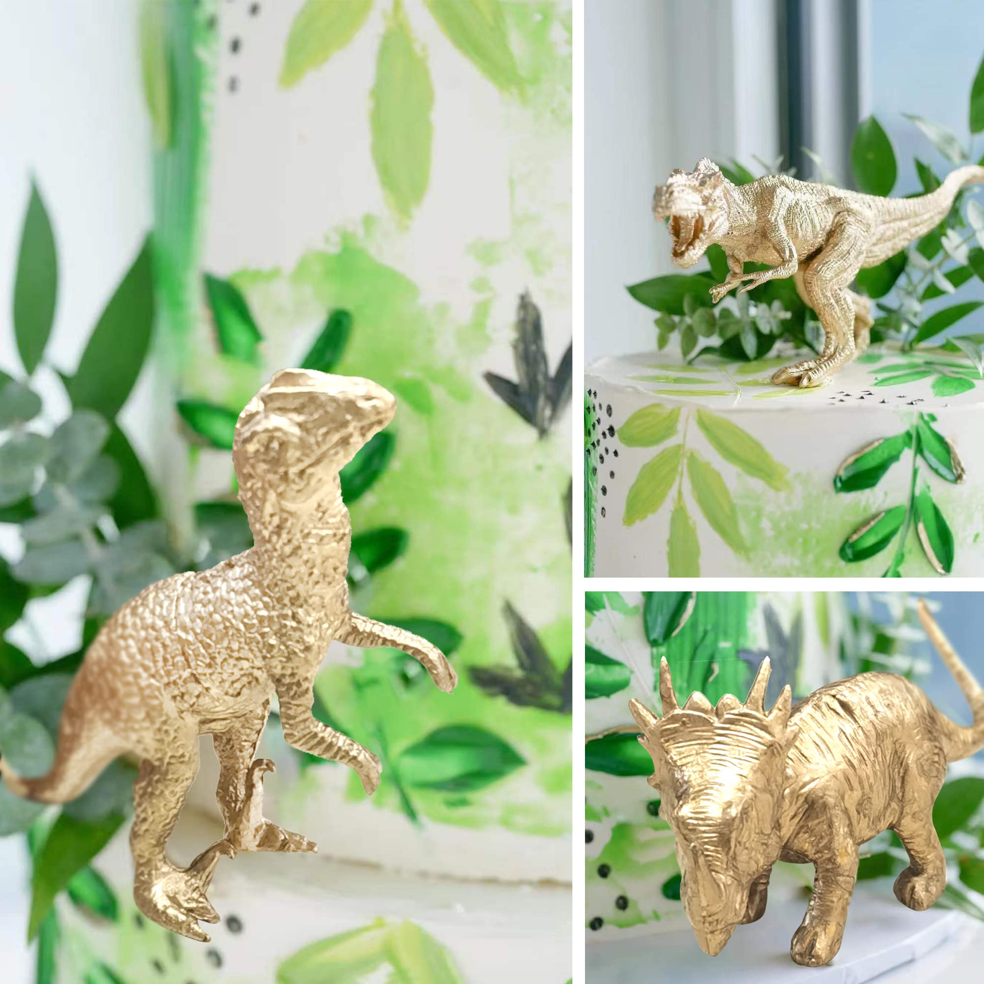 16 PCS Metallic Gold Dinosaur Cake Decorations Dino Theme Cake Topper with Artificial Palm Leaves Dinosaur Eggs for Kids Boys Girls Baby Shower Birthday Party Supplies