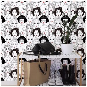 HAOKHOME Modern Peel and Stick Wallpaper Cool Ladies Black/White/Red Lips Removable Vinyl Self Adhesive Contactpaper 17.7in x 9.8ft